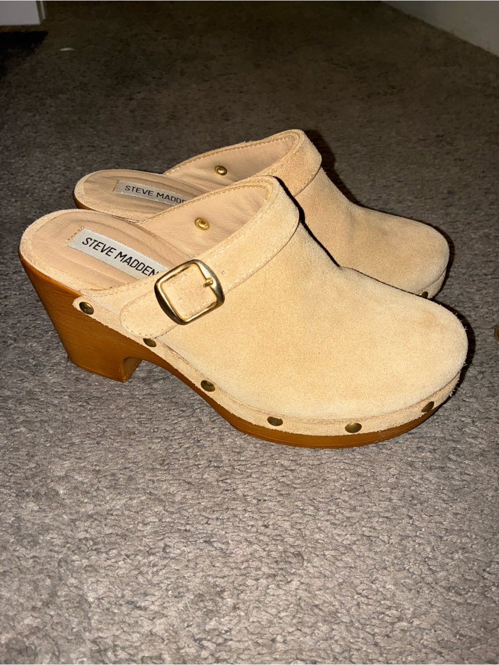 Steve Madden Tan Suede Buckle Clog Mules